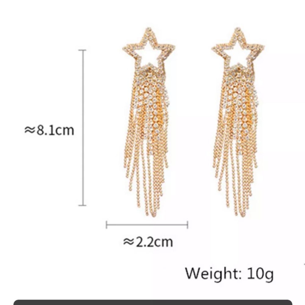 Gold Tone Rhinestone Star 🌟 Tassel Earrings - Picture 5 of 5